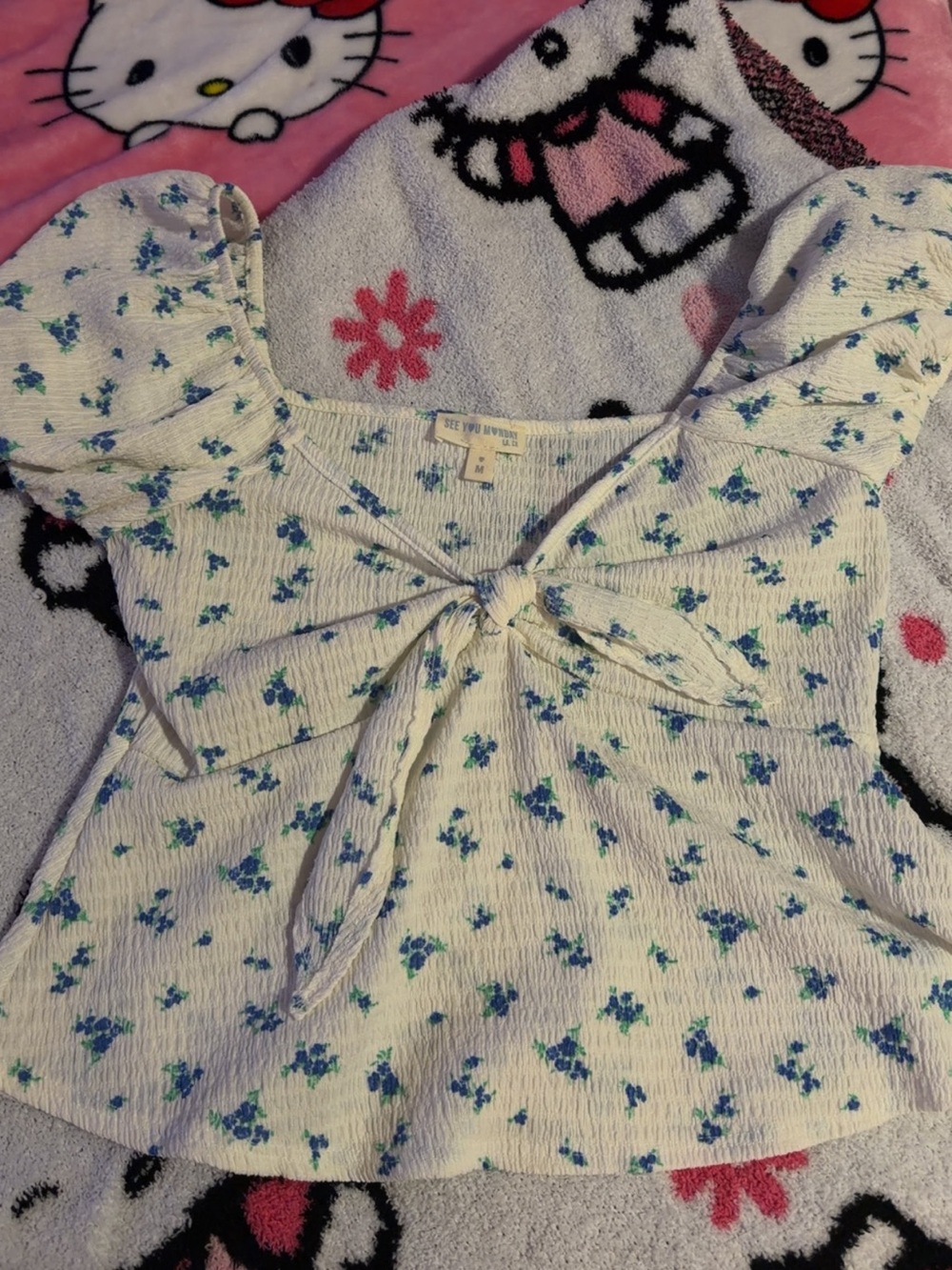 White Floral Tie-Front Girls Top